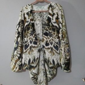 Free People X  Deep V Blouse Animal Print Modal drape back festival dry clean